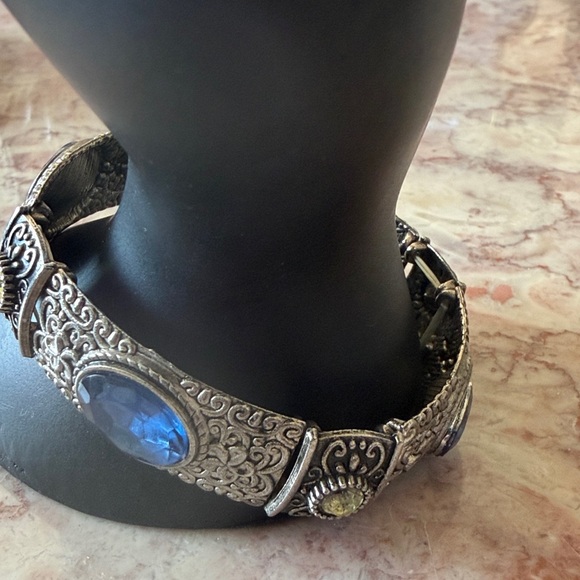 EUC~Woman’s Vintage Stretch Bracelet~Silver Plated Blue/Yellow Jeweled Bracelet - Picture 3 of 6